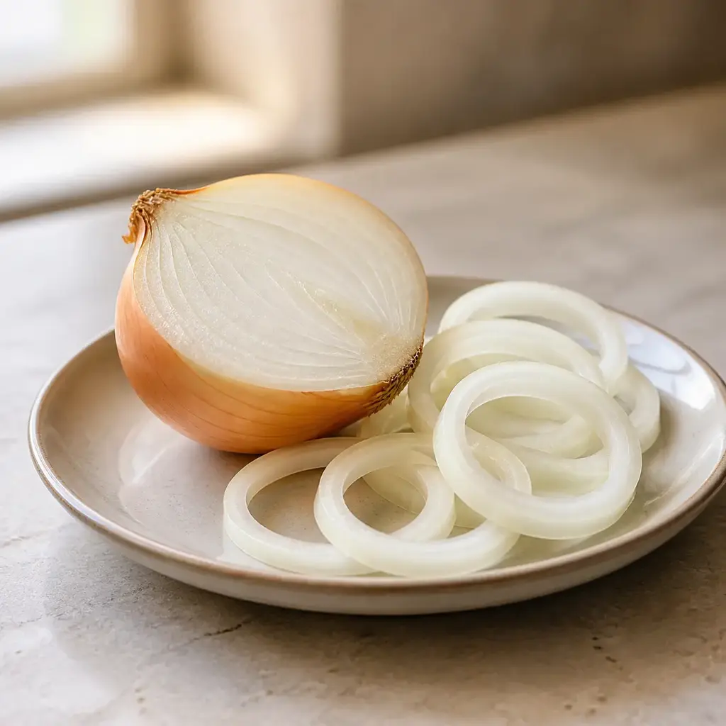 Plain onion on a clean unbranded surface for a reptile food-safety check.