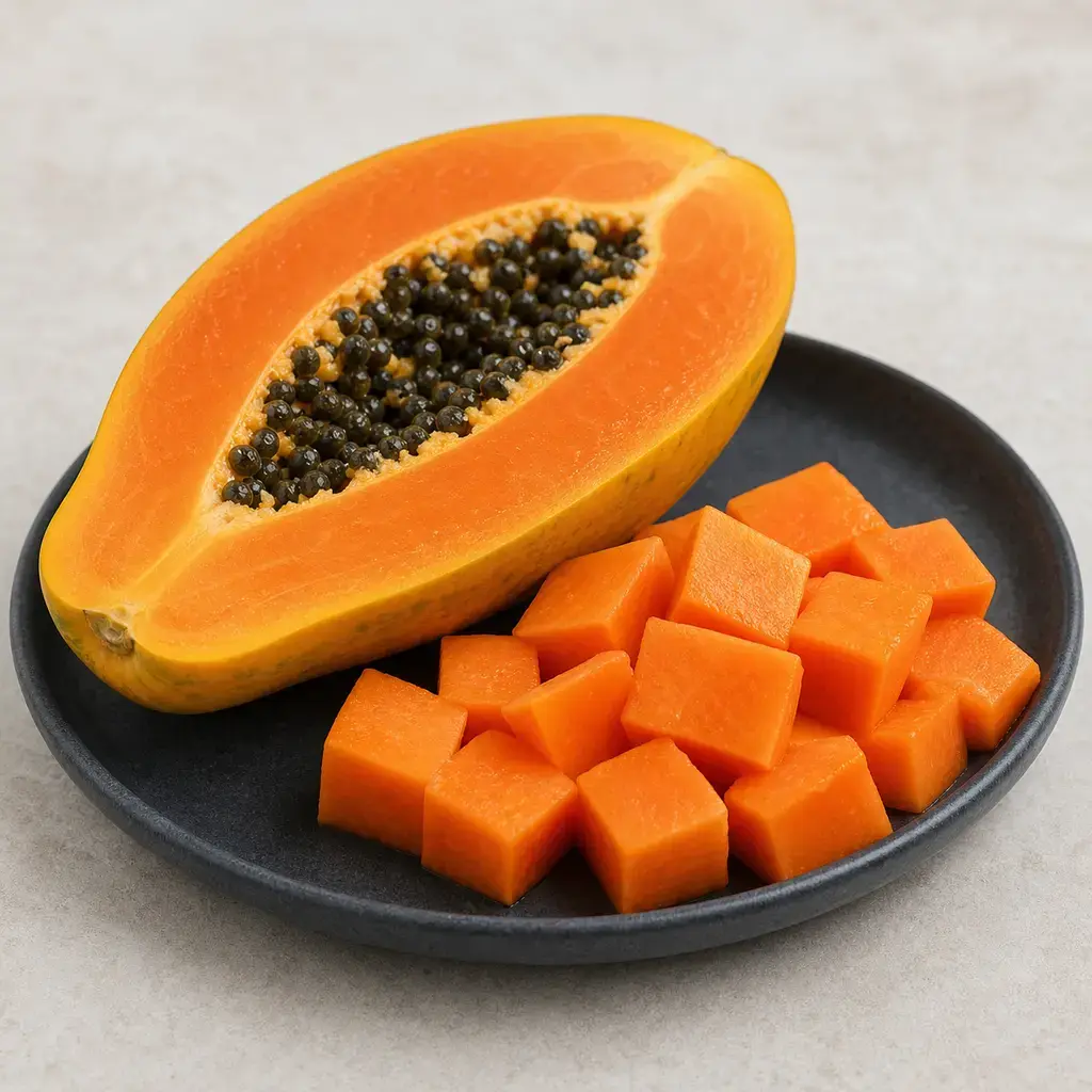 Plain papaya on a clean unbranded surface for a reptile food-safety check.