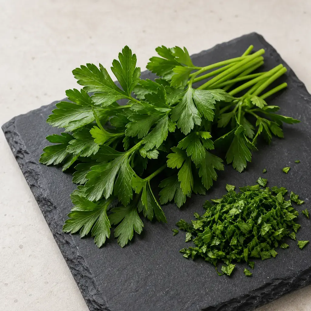 Plain parsley on a clean unbranded surface for a reptile food-safety check.