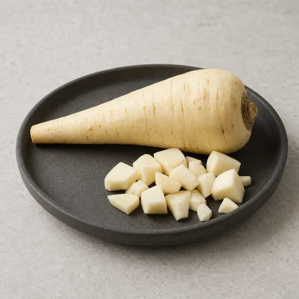 Plain parsnip on a clean unbranded surface for a reptile food-safety check.