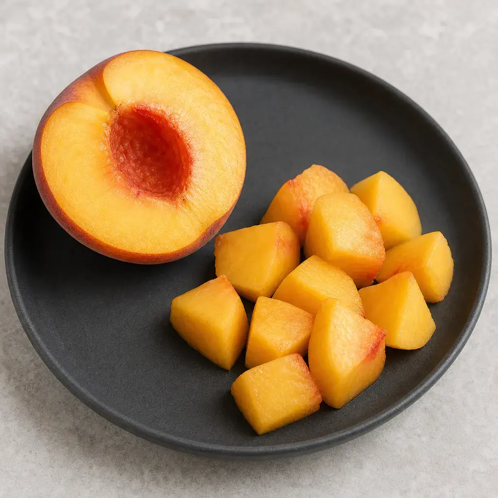 Plain peach flesh on a clean unbranded surface for a reptile food-safety check.