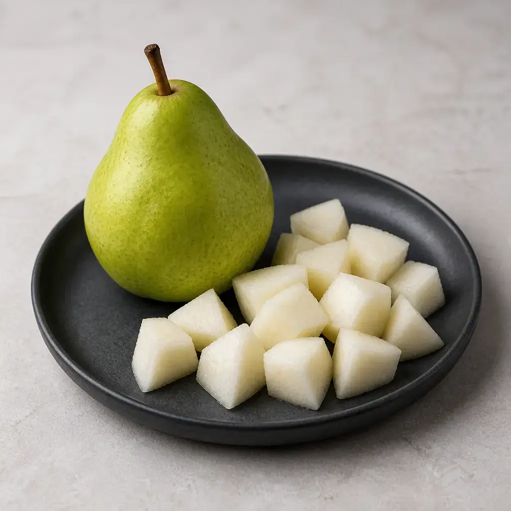 Plain pear on a clean unbranded surface for a reptile food-safety check.