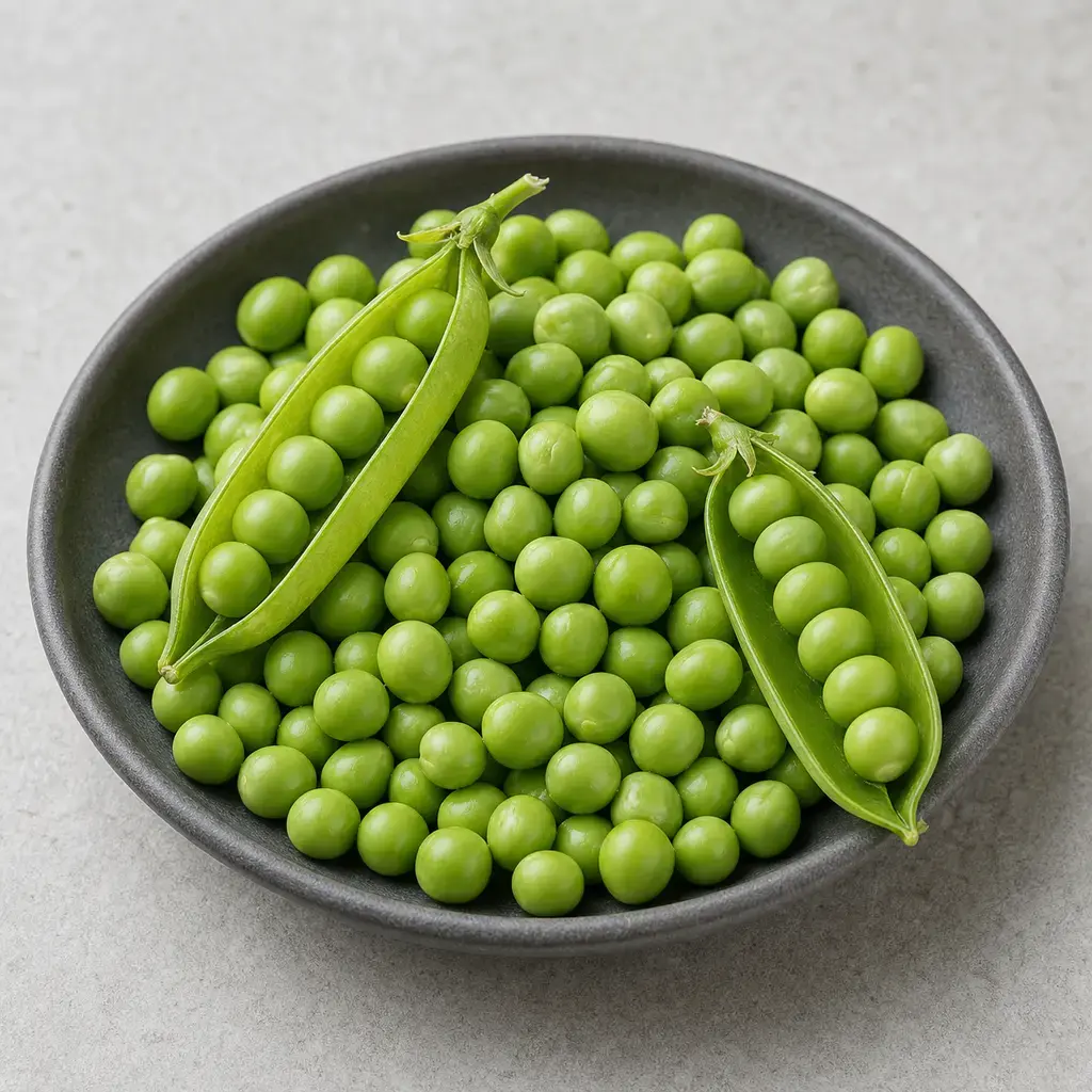 Plain peas on a clean unbranded surface for a reptile food-safety check.