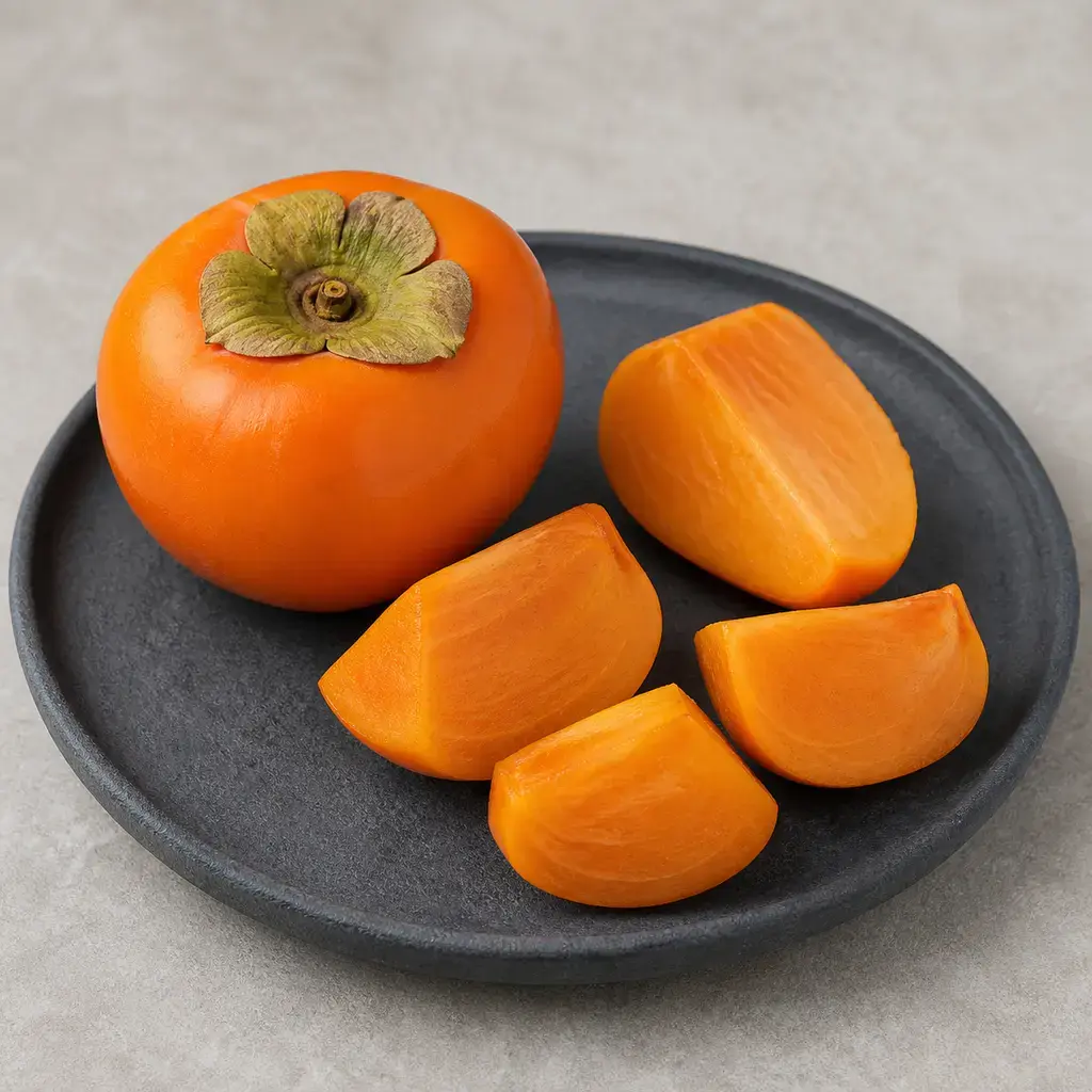 Plain persimmon on a clean unbranded surface for a reptile food-safety check.