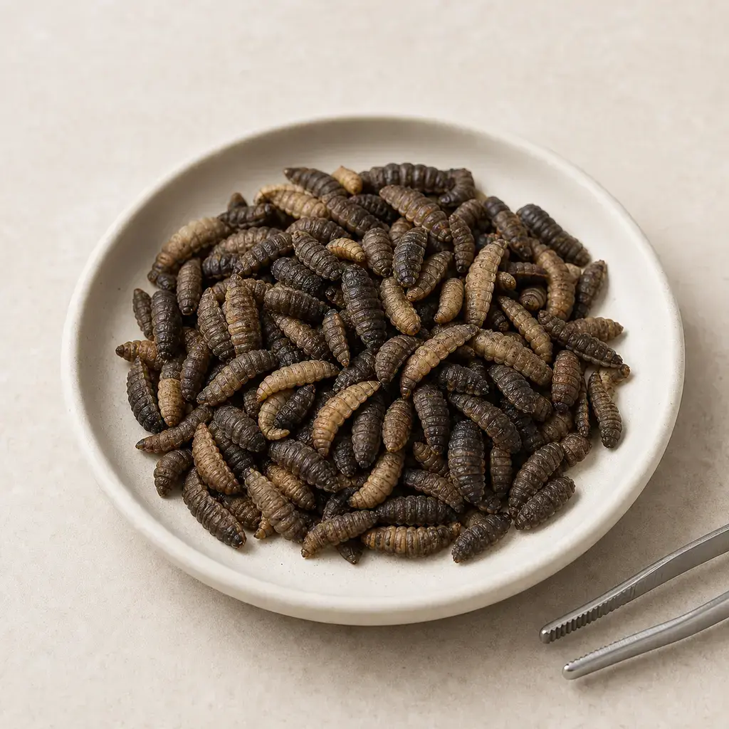 Plain phoenix worms on a clean unbranded surface for a reptile food-safety check.