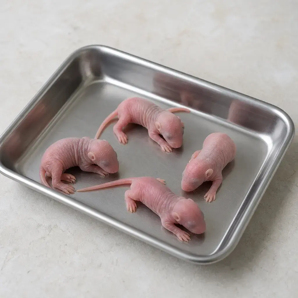 Plain pinkie mice on a clean unbranded surface for a reptile food-safety check.