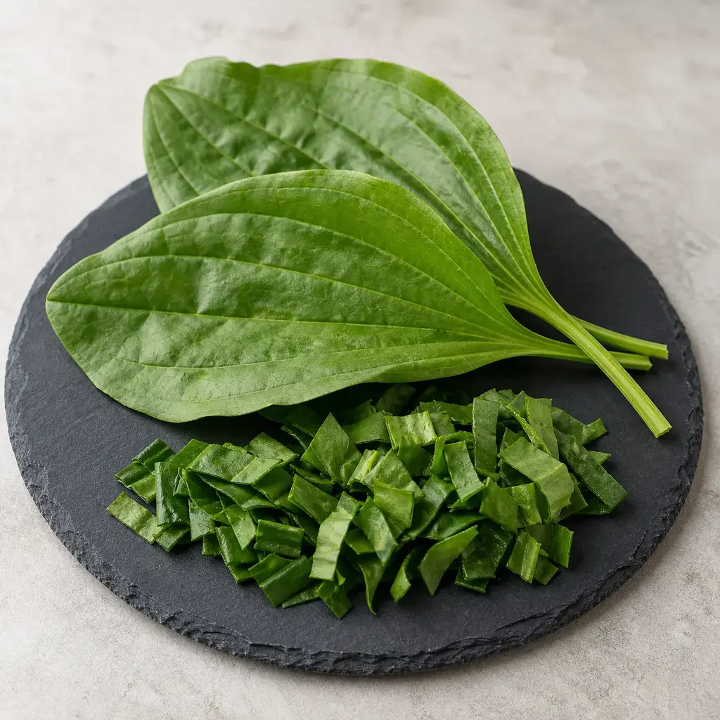 Plain plantain leaves on a clean unbranded surface for a reptile food-safety check.