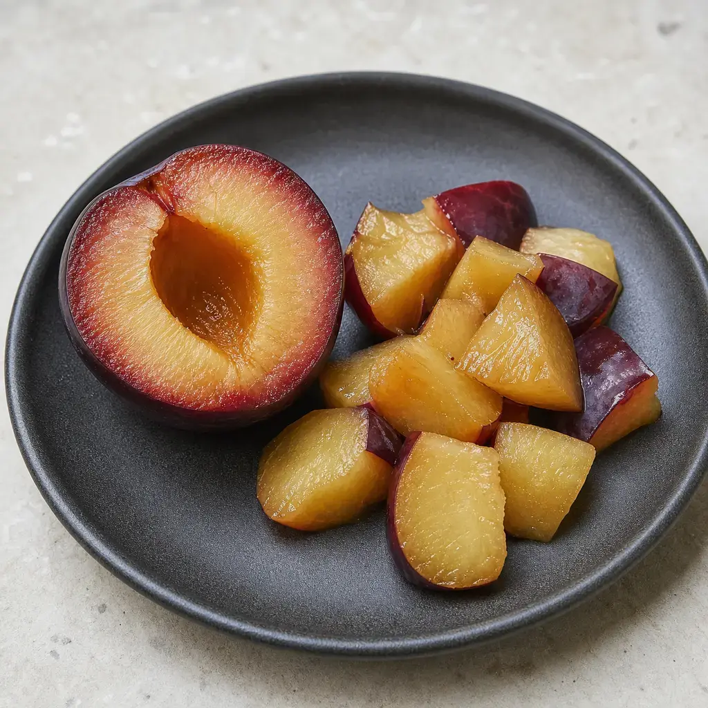 Plain plum flesh on a clean unbranded surface for a reptile food-safety check.