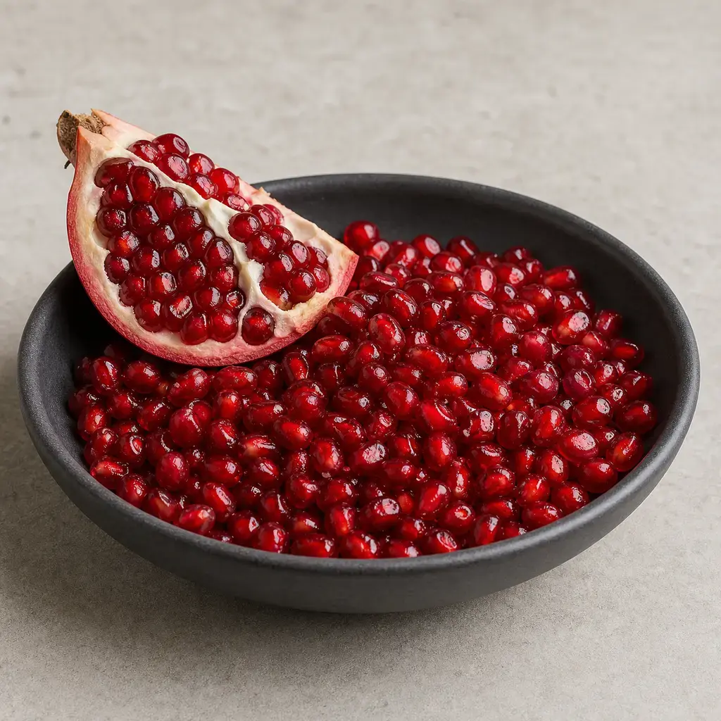 Plain pomegranate arils on a clean unbranded surface for a reptile food-safety check.