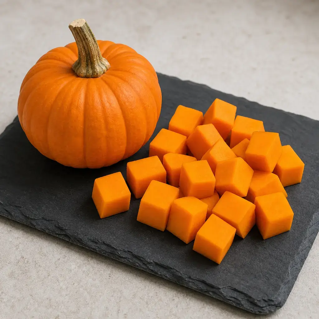 Plain pumpkin on a clean unbranded surface for a reptile food-safety check.