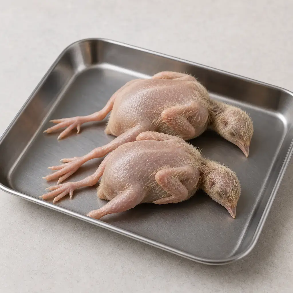 Plain quail chicks on a clean unbranded surface for a reptile food-safety check.