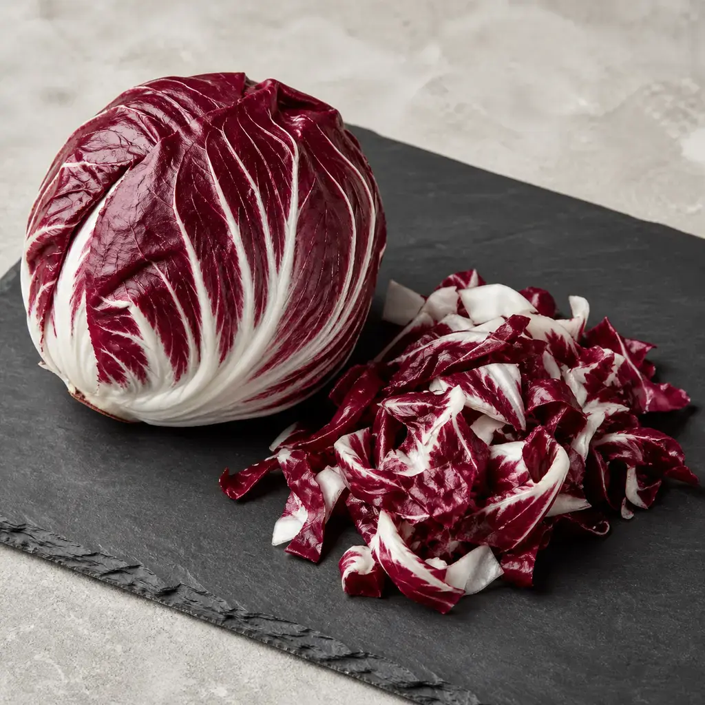 Plain radicchio on a clean unbranded surface for a reptile food-safety check.