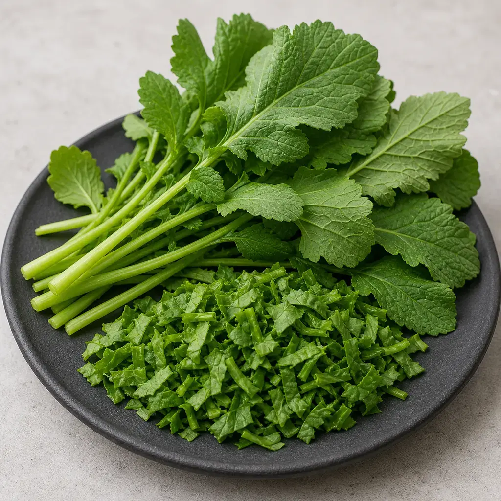 Plain radish greens on a clean unbranded surface for a reptile food-safety check.