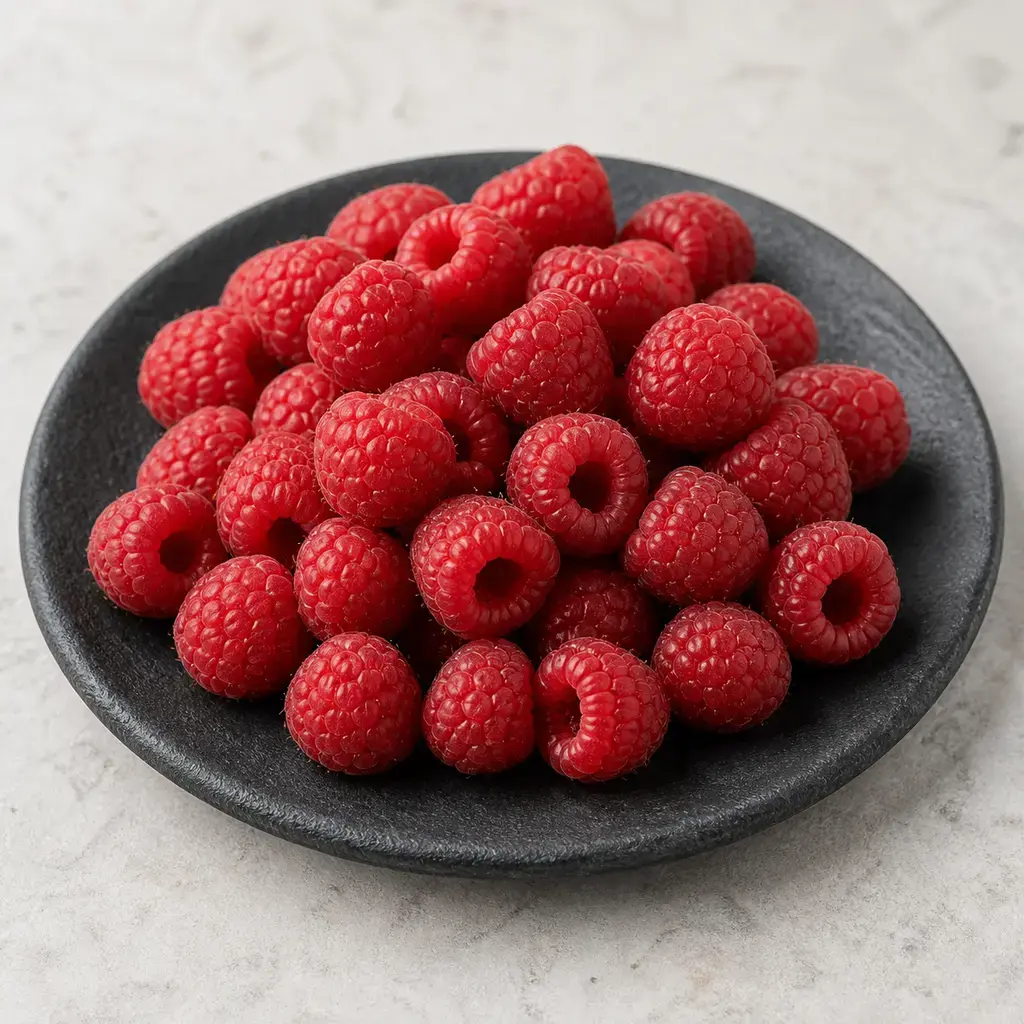 Plain raspberries on a clean unbranded surface for a reptile food-safety check.