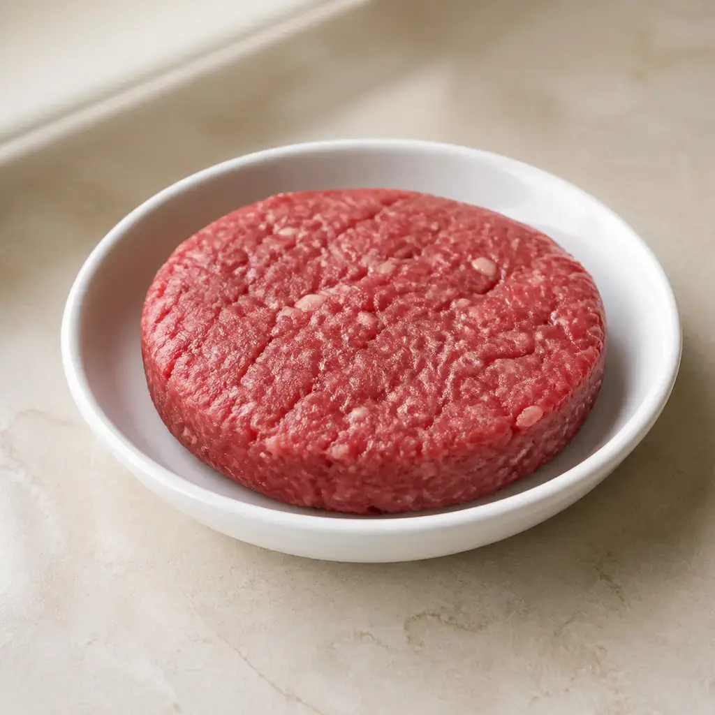 Plain raw hamburger on a clean unbranded surface for a reptile food-safety check.