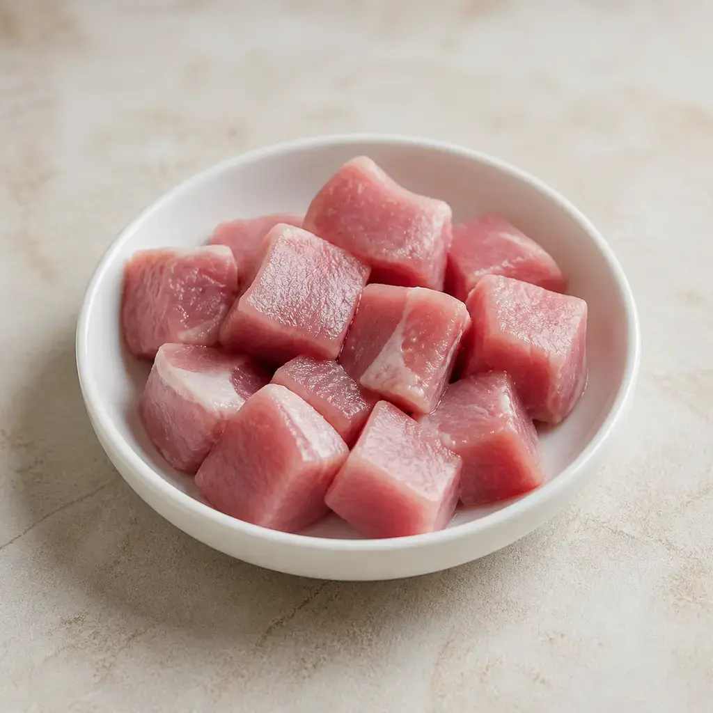 Plain raw pork on a clean unbranded surface for a reptile food-safety check.