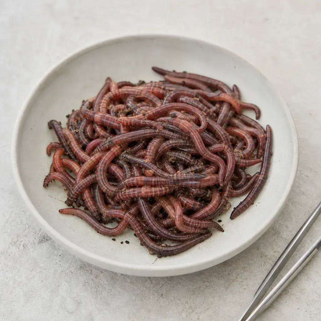 Plain red wigglers on a clean unbranded surface for a reptile food-safety check.