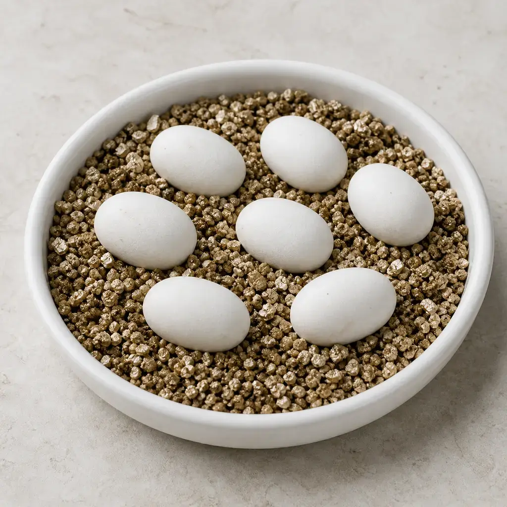 Plain reptile eggs on a clean unbranded surface for a reptile food-safety check.