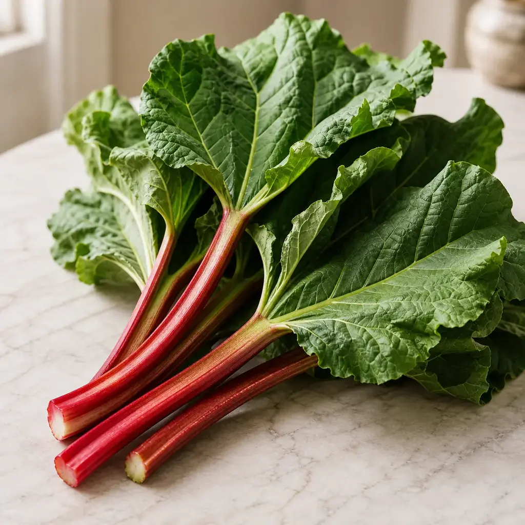 Plain rhubarb leaves on a clean unbranded surface for a reptile food-safety check.