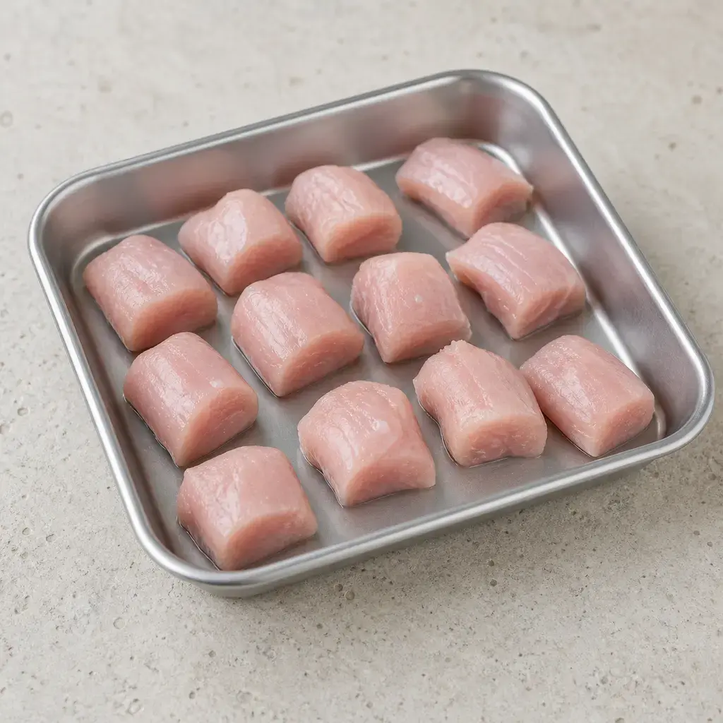 Plain rodent pieces on a clean unbranded surface for a reptile food-safety check.