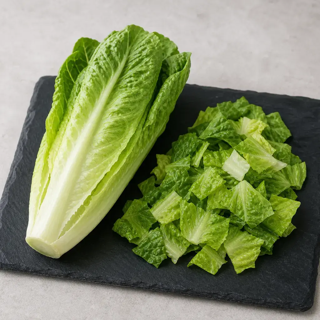 Plain romaine lettuce on a clean unbranded surface for a reptile food-safety check.