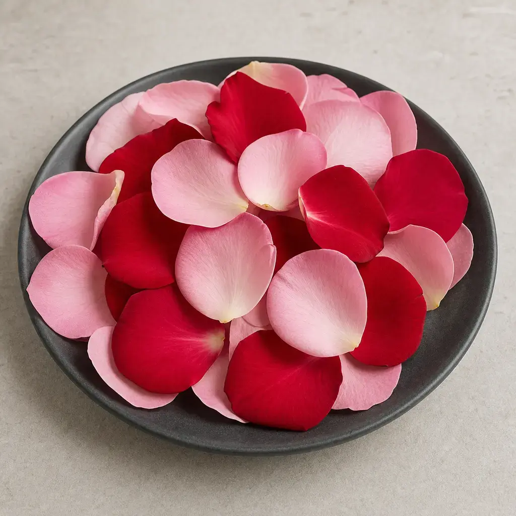 Plain rose petals on a clean unbranded surface for a reptile food-safety check.
