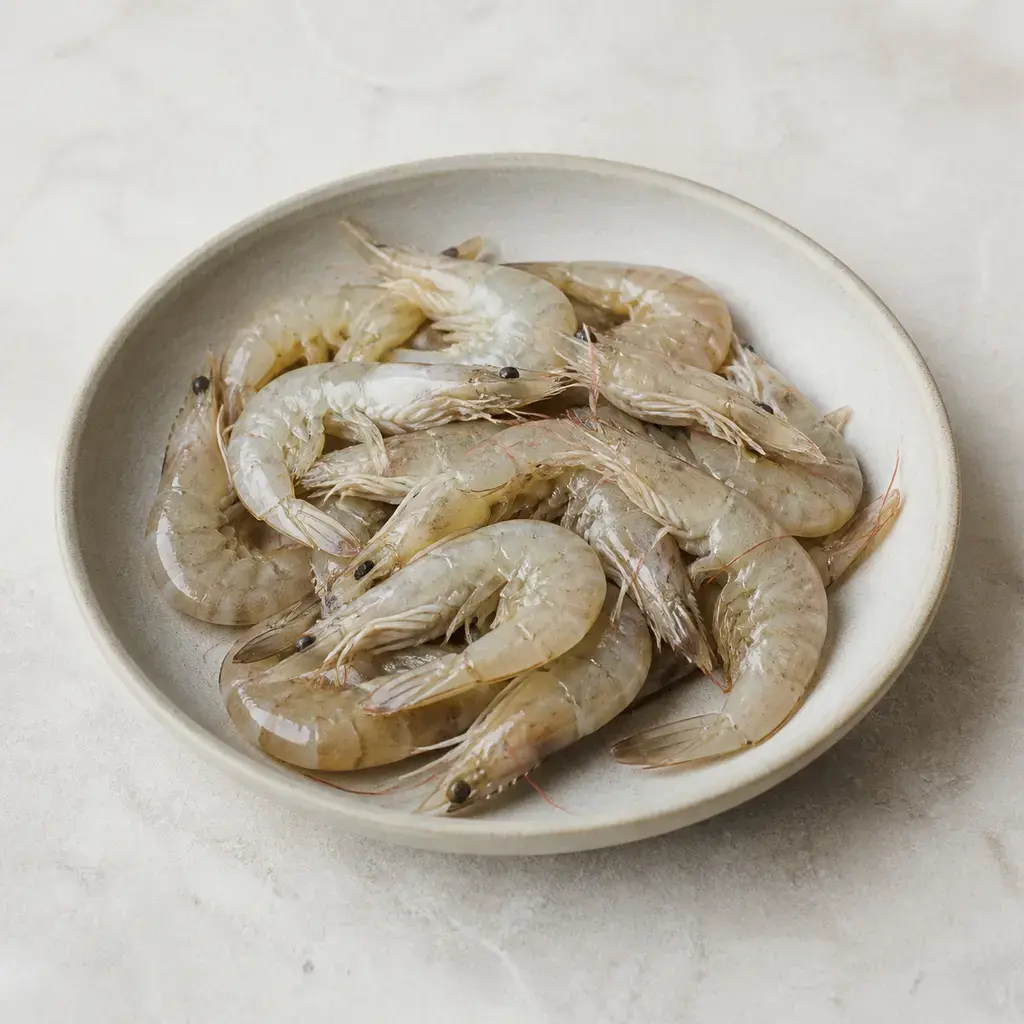 Plain shrimp on a clean unbranded surface for a reptile food-safety check.