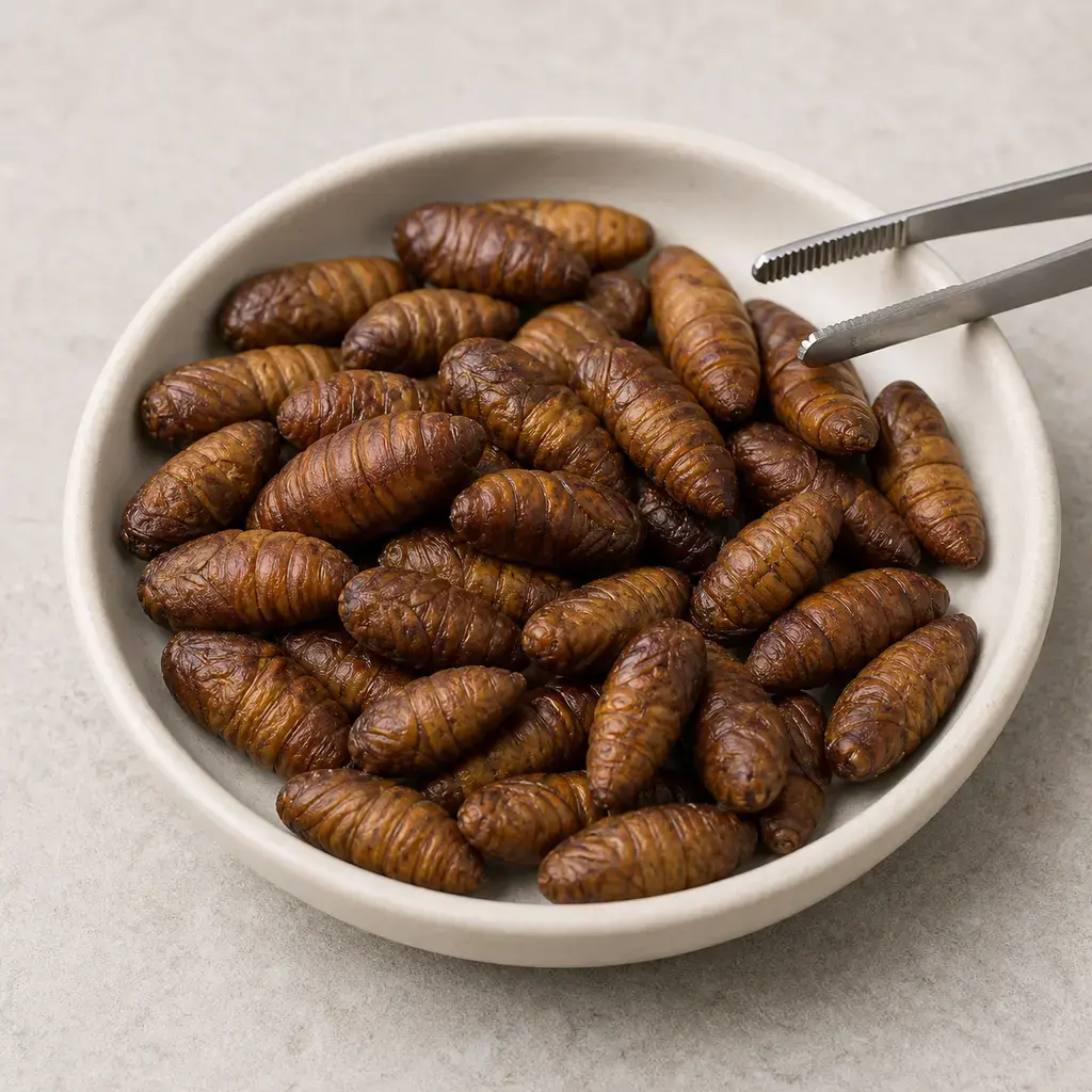 Plain silkworm pupae on a clean unbranded surface for a reptile food-safety check.