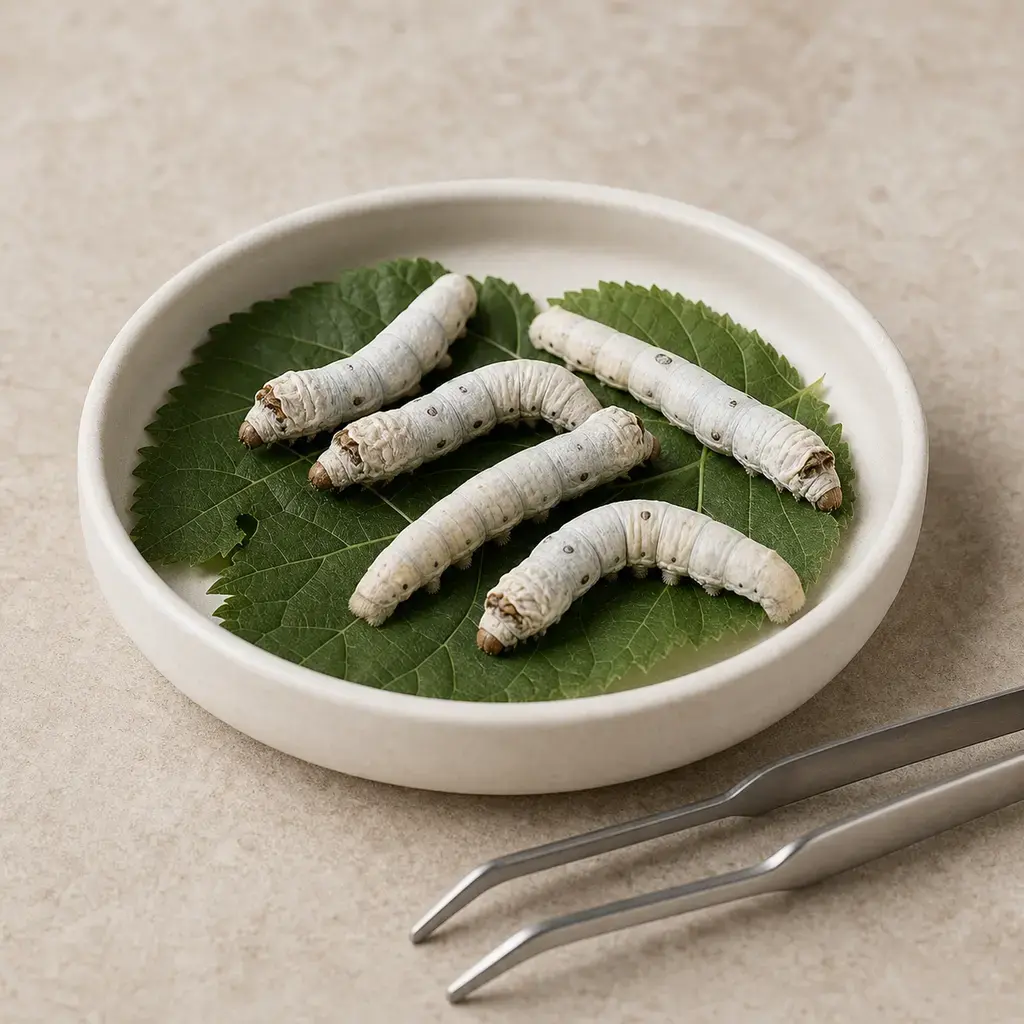 Plain silkworms on a clean unbranded surface for a reptile food-safety check.