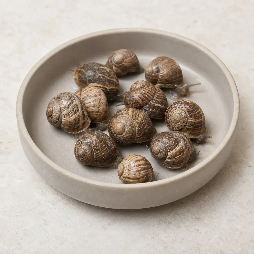 Plain snails on a clean unbranded surface for a reptile food-safety check.