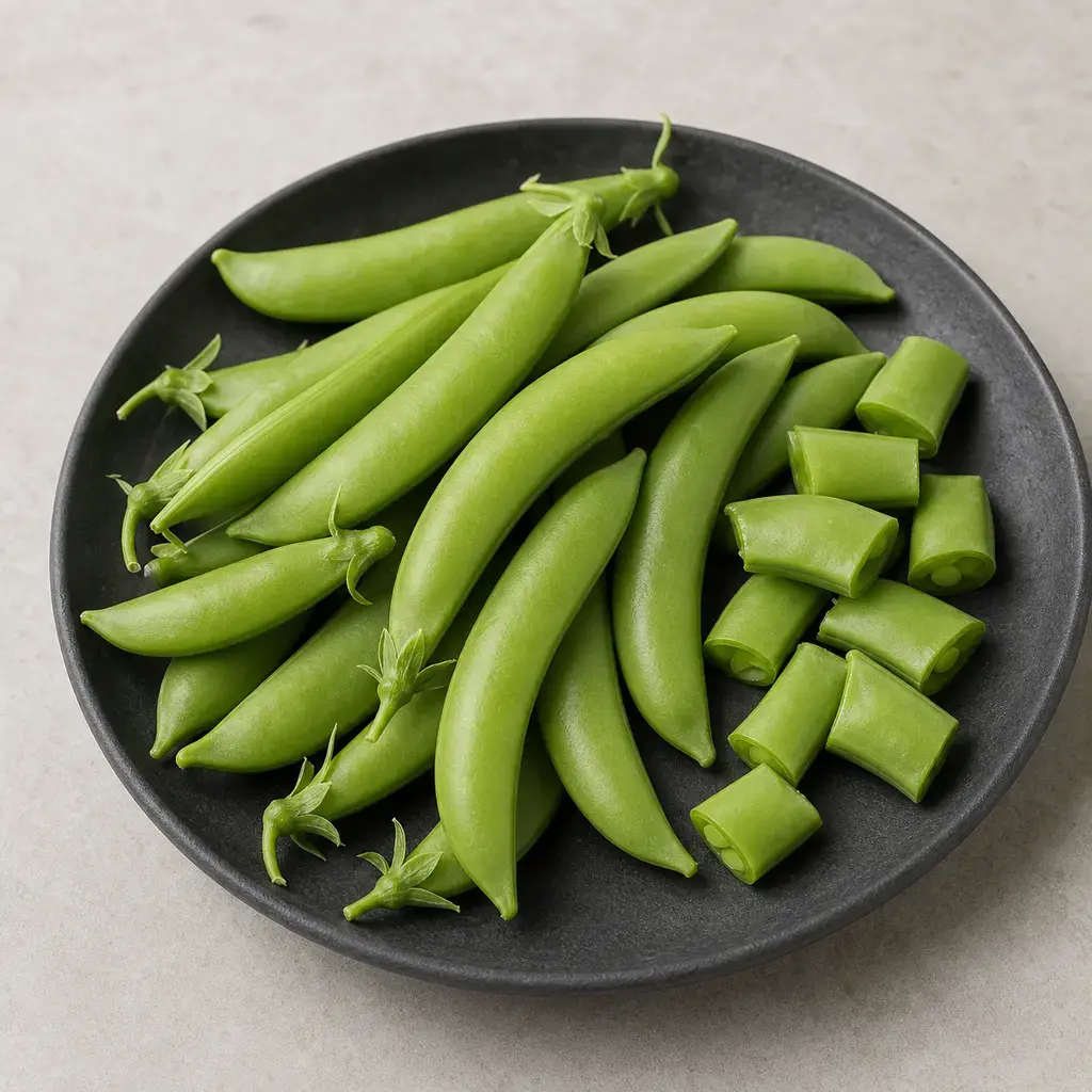 Plain snap peas on a clean unbranded surface for a reptile food-safety check.