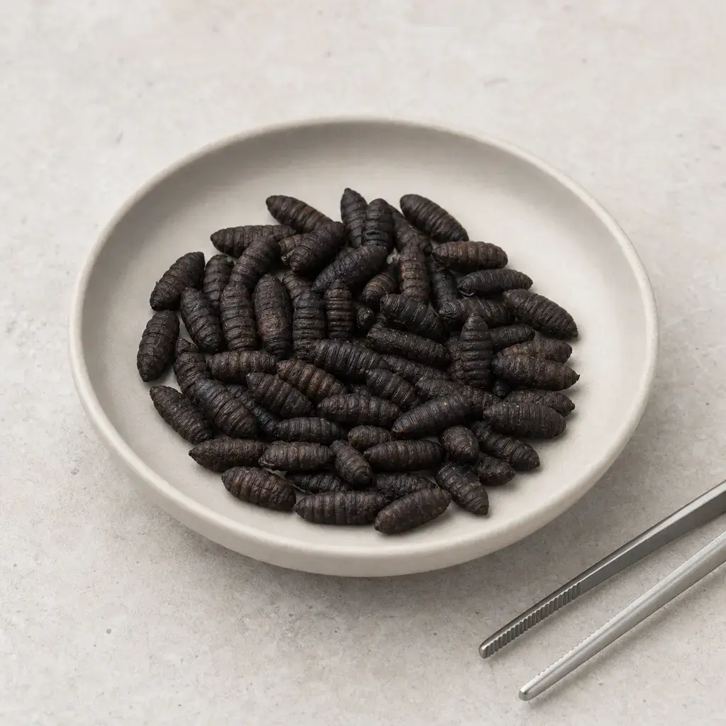 Plain soldier fly pupae on a clean unbranded surface for a reptile food-safety check.