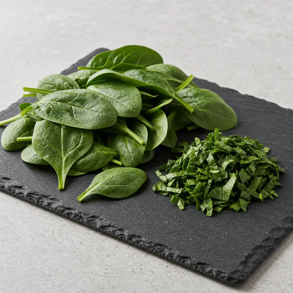 Plain spinach on a clean unbranded surface for a reptile food-safety check.