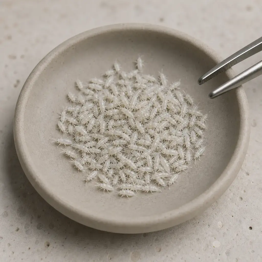 Plain springtails on a clean unbranded surface for a reptile food-safety check.