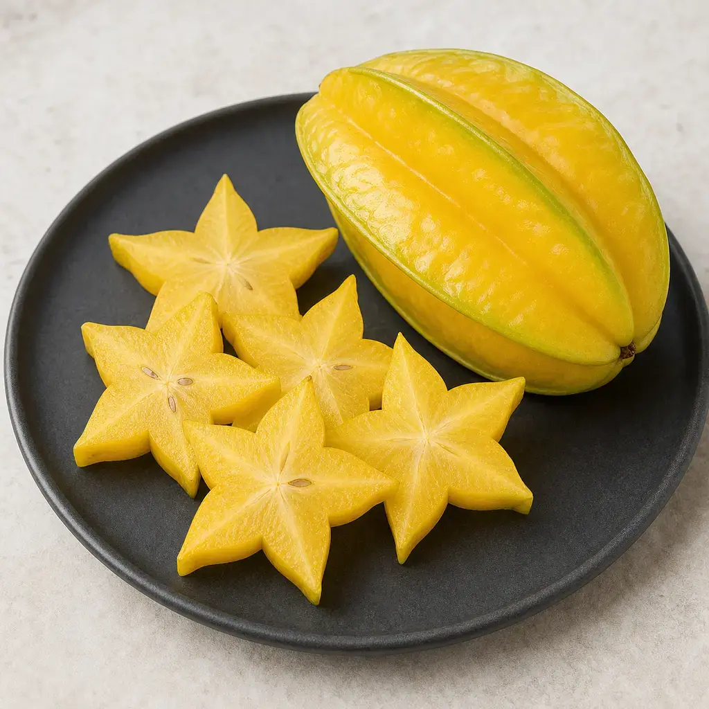 Plain star fruit on a clean unbranded surface for a reptile food-safety check.