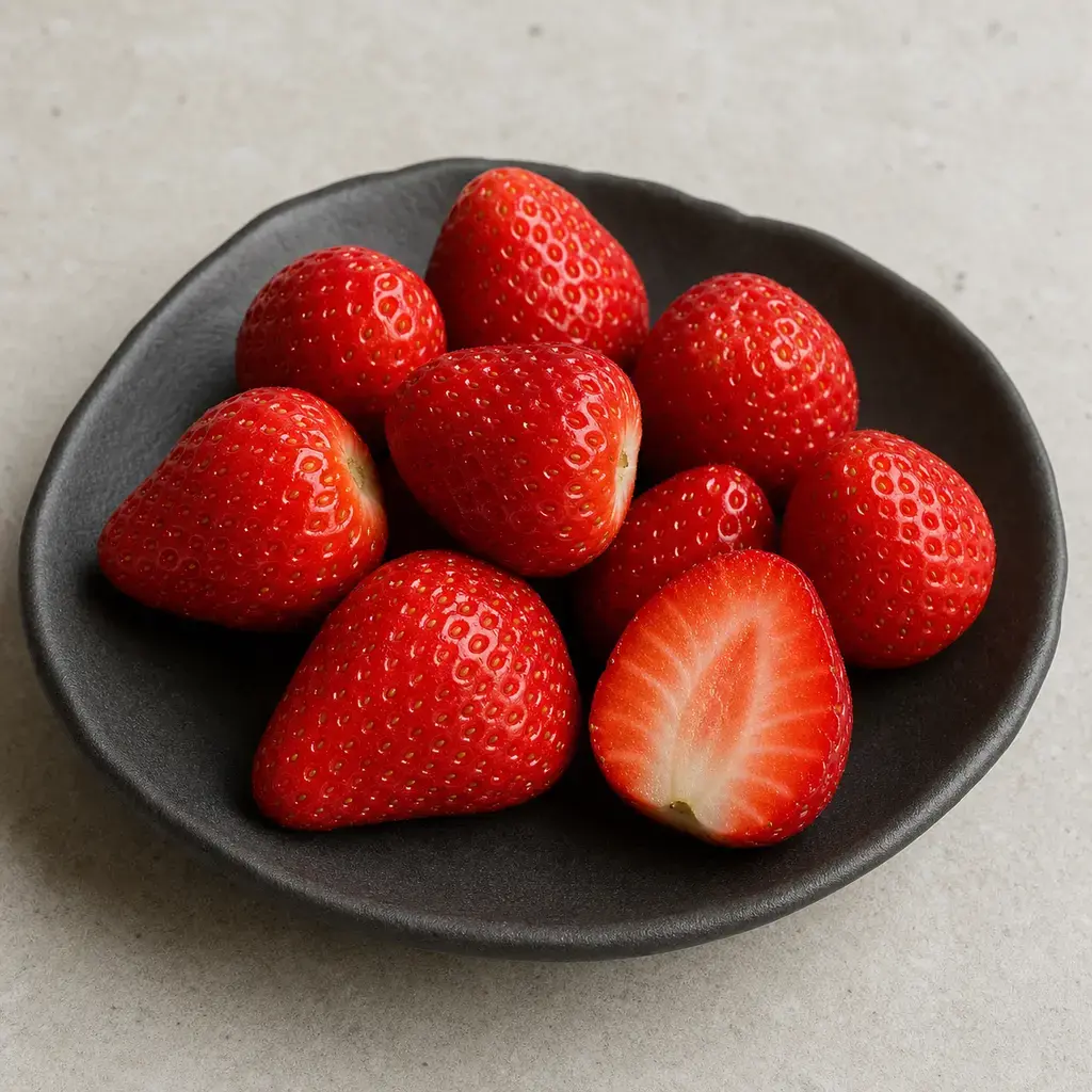 Plain strawberries on a clean unbranded surface for a reptile food-safety check.