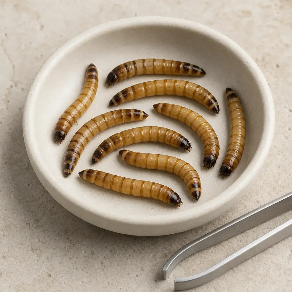 Plain superworms on a clean unbranded surface for a reptile food-safety check.