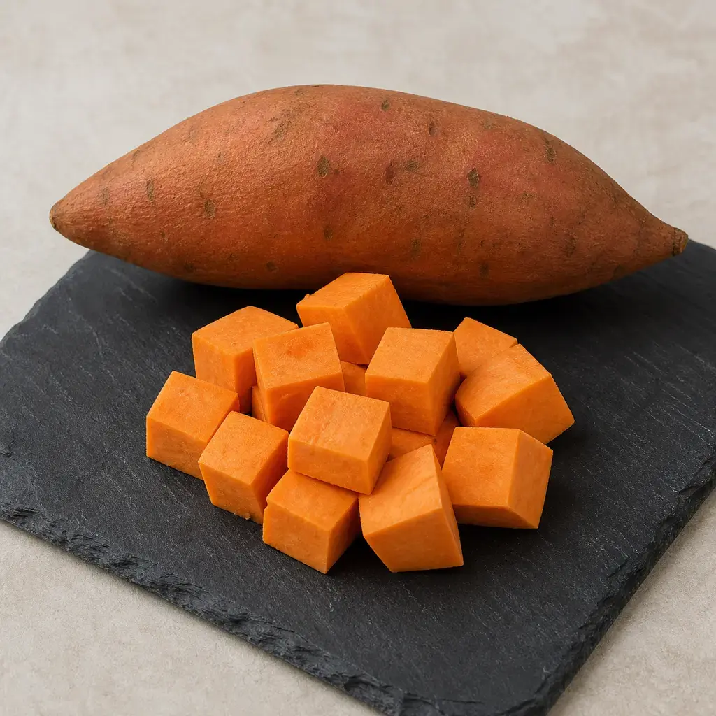 Plain sweet potato on a clean unbranded surface for a reptile food-safety check.