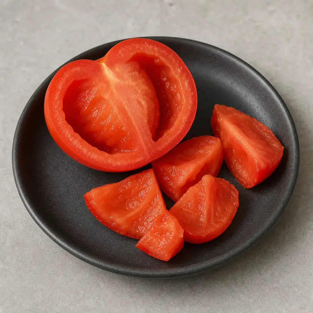 Plain tomato flesh on a clean unbranded surface for a reptile food-safety check.