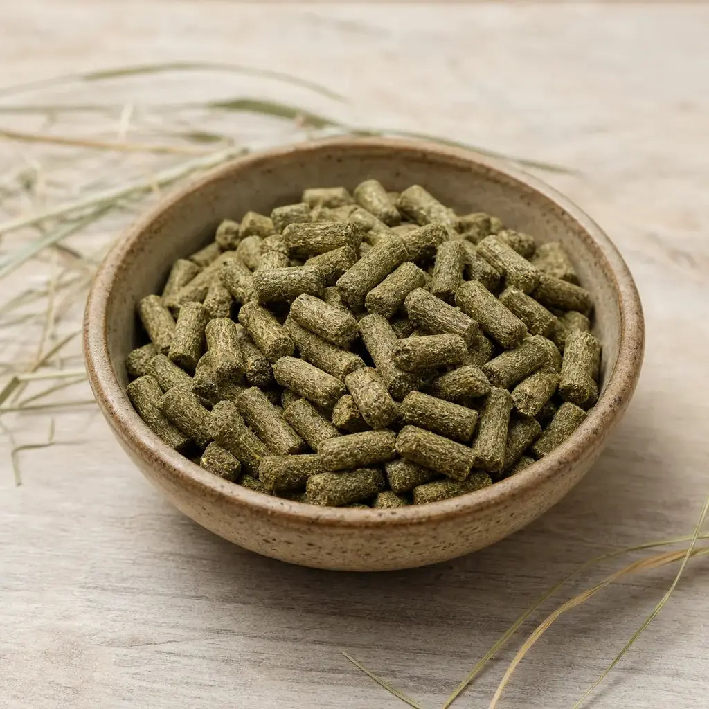 High-fiber tortoise diet pellets measured beside fresh leafy plant foods.