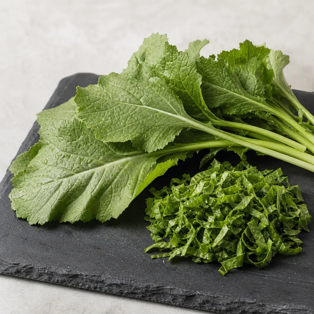 Plain turnip greens on a clean unbranded surface for a reptile food-safety check.