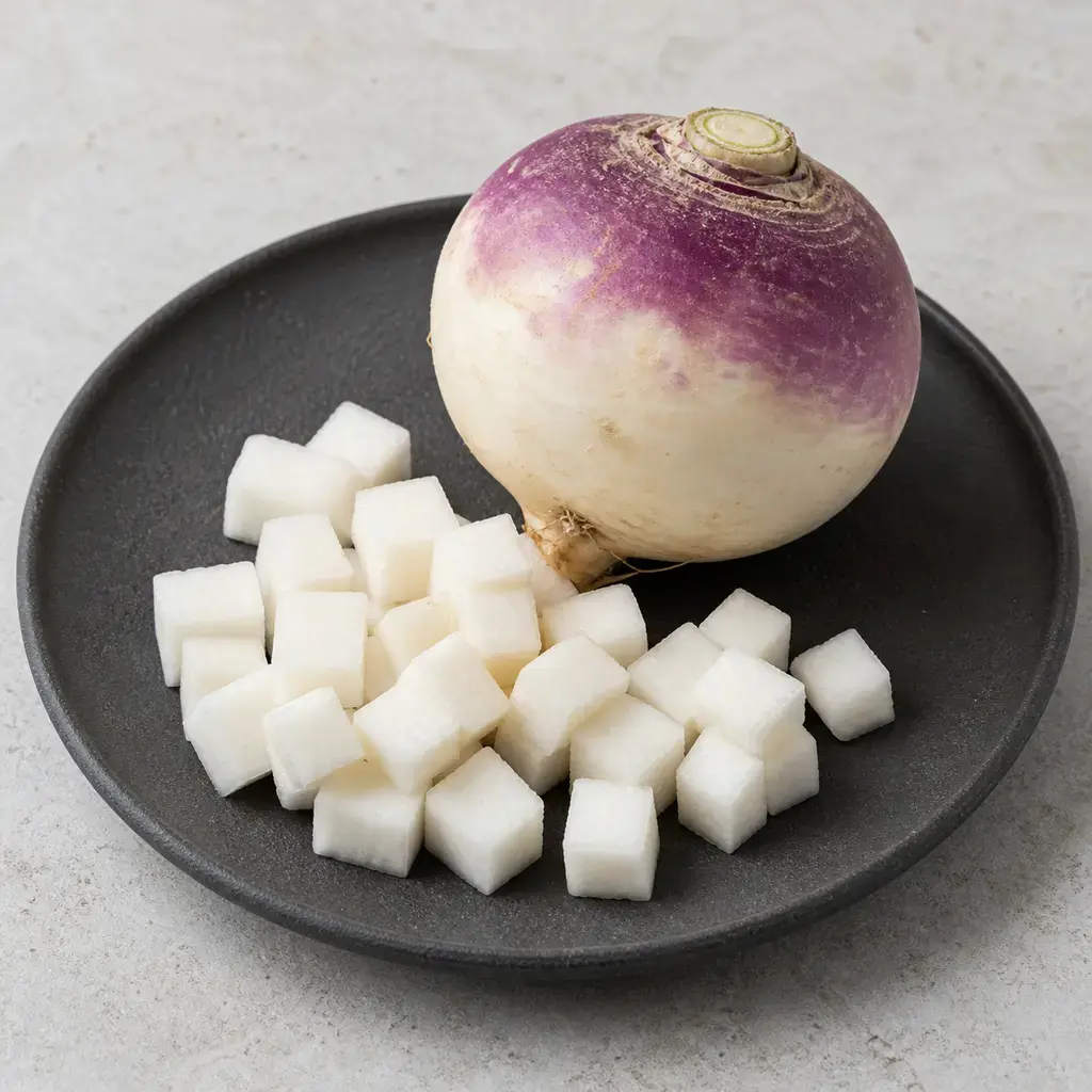 Plain turnip on a clean unbranded surface for a reptile food-safety check.
