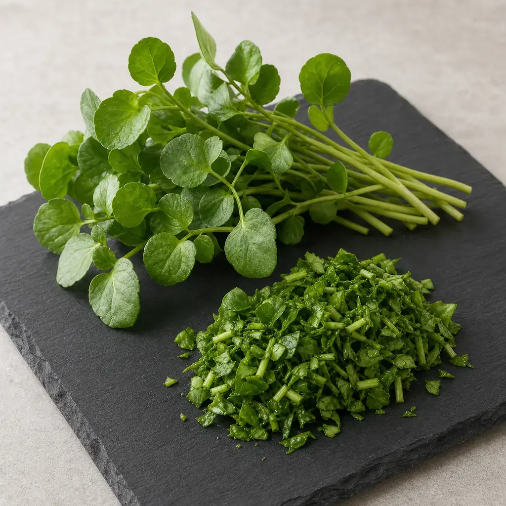 Plain watercress on a clean unbranded surface for a reptile food-safety check.