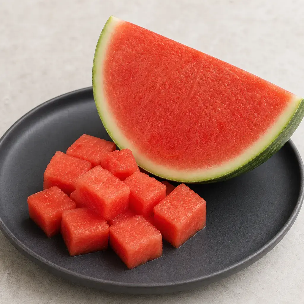 Plain watermelon on a clean unbranded surface for a reptile food-safety check.