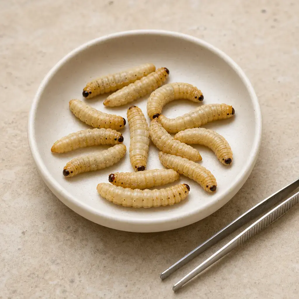 Plain waxworms on a clean unbranded surface for a reptile food-safety check.