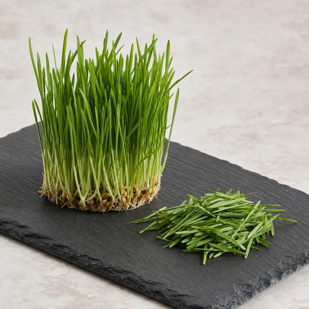 Plain wheatgrass on a clean unbranded surface for a reptile food-safety check.