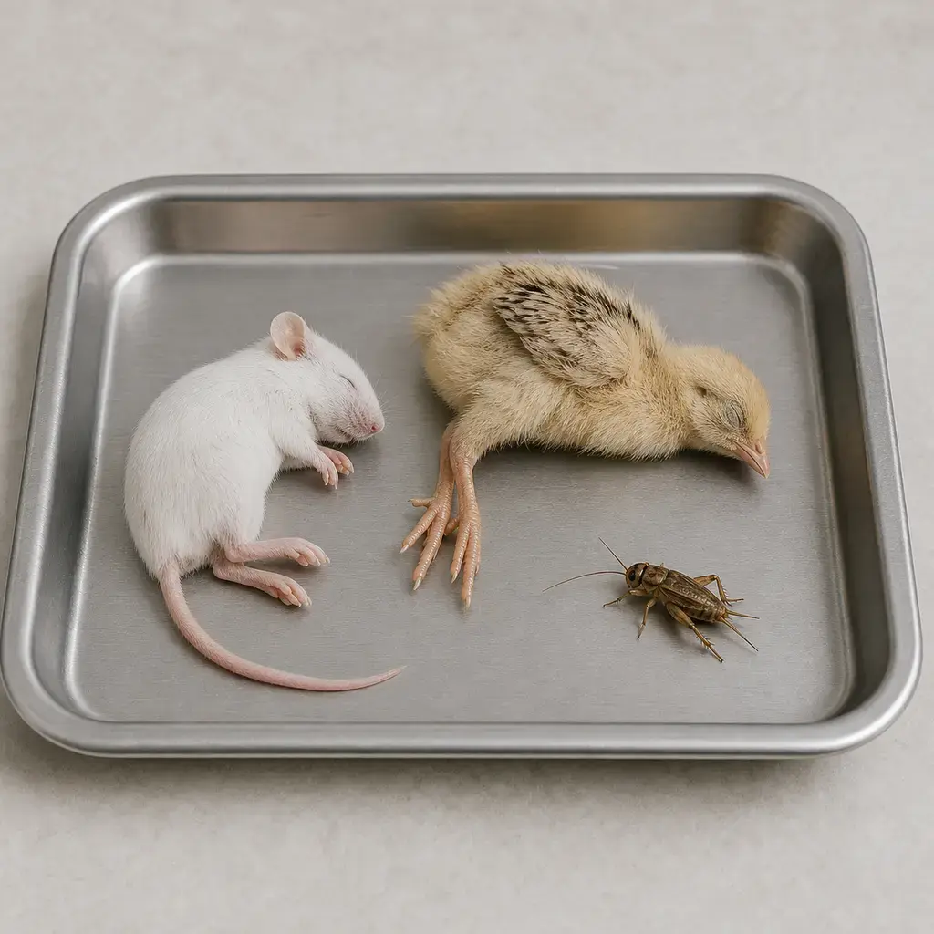 Plain whole prey on a clean unbranded surface for a reptile food-safety check.