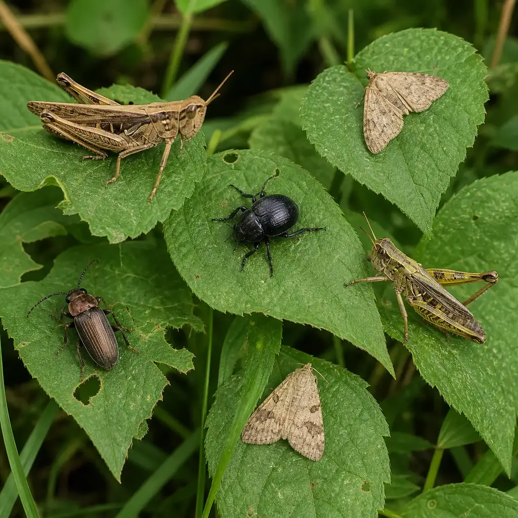 Plain wild insects on a clean unbranded surface for a reptile food-safety check.