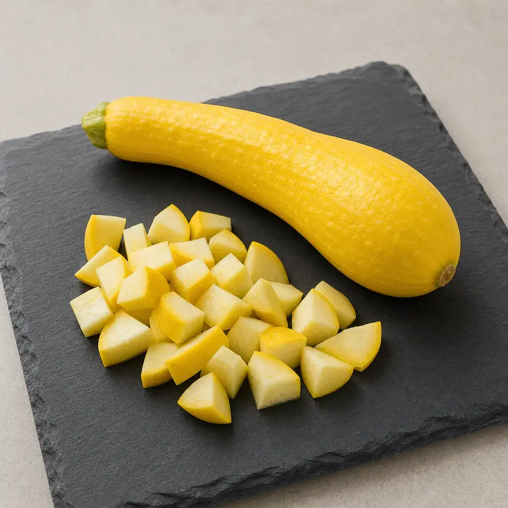 Plain yellow squash on a clean unbranded surface for a reptile food-safety check.