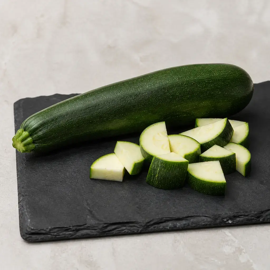 Plain zucchini on a clean unbranded surface for a reptile food-safety check.